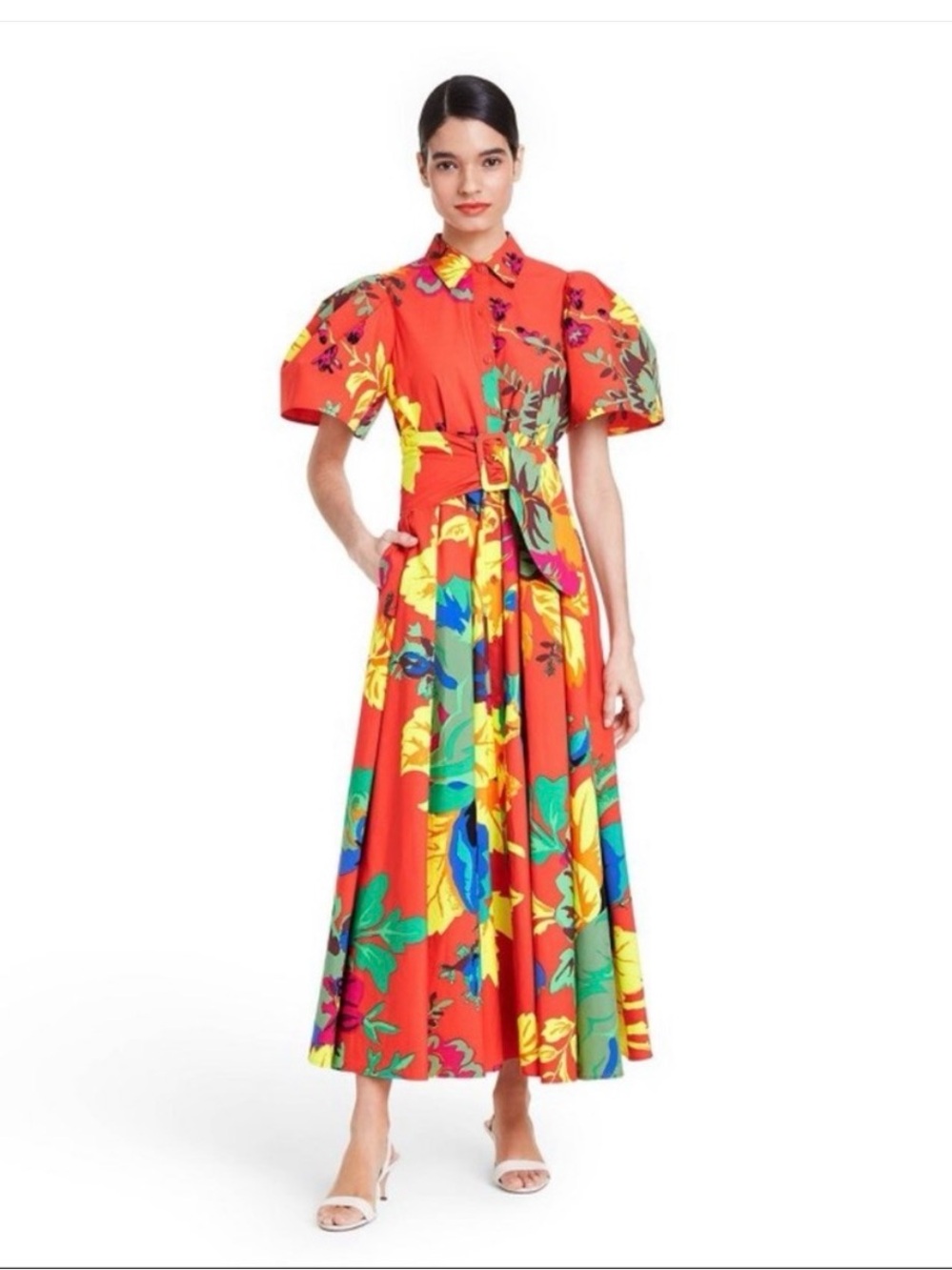 Christopher John Rogers Red Floral Maxi Shirt Dress
